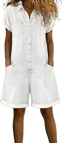 Denim Jumpsuit for Women Summer Spring Short Sleeve Button Short Jean Jumpers with Pockets Retro Y2K Outfits in Saudi Arabia