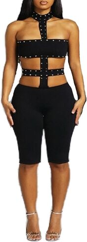 VOIKERDR Sexy Romper for Women Halter Backless Bodycon Capri Jumpsuit Rivet Party Outfits Clubwear in Kuwait
