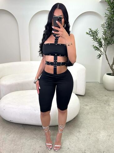 VOIKERDR Sexy Romper for Women Halter Backless Bodycon Capri Jumpsuit Rivet Party Outfits Clubwear in Kuwait