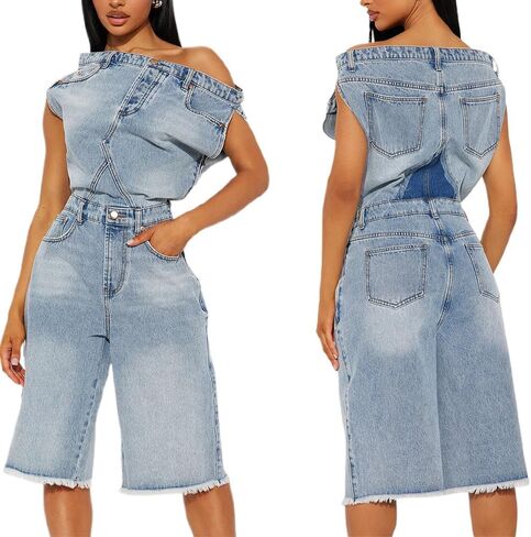 Molilove Women’s Denim Romper Sexy Off Shoulder Shorts Jean Jumpsuit Stretchy Y2K Bodycon Denim One Piece Outfits with Pocket in Saudi Arabia
