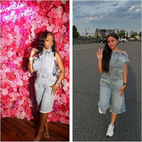 Molilove Women’s Denim Romper Sexy Off Shoulder Shorts Jean Jumpsuit Stretchy Y2K Bodycon Denim One Piece Outfits with Pocket in Saudi Arabia
