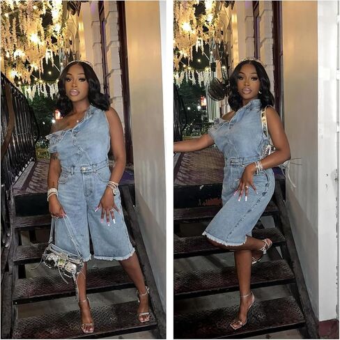 Molilove Women’s Denim Romper Sexy Off Shoulder Shorts Jean Jumpsuit Stretchy Y2K Bodycon Denim One Piece Outfits with Pocket in Saudi Arabia