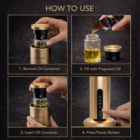 Waterless Fragrance Oil Diffuser Gold, 120ml Smart Timer, Bluetooth & Manual Control, Whisper Quiet Rechargeable Aroma Machine for Home Office Spa Hotel - 1500sqft - Fragrance Not Included in Saudi Arabia