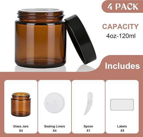 4oz Amber Glass Jars with Lids,Cosmetic Containers with Inner Liners for Creams, Lotions, Body Scrubs, Salve Jars,4 Pack in Saudi Arabia