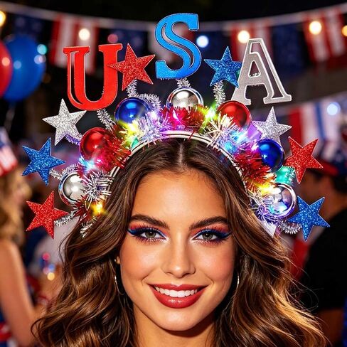 Zoestar 4th من يوليو تضيء عقال LED ستار الوطنية Headbands توهج يوم الاستقلال حفلة إكسسوارات الشعر للنساء in Kuwait