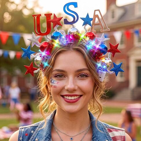 Zoestar 4th من يوليو تضيء عقال LED ستار الوطنية Headbands توهج يوم الاستقلال حفلة إكسسوارات الشعر للنساء in Kuwait