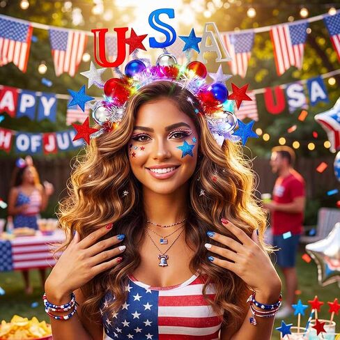 Zoestar 4th من يوليو تضيء عقال LED ستار الوطنية Headbands توهج يوم الاستقلال حفلة إكسسوارات الشعر للنساء in Kuwait