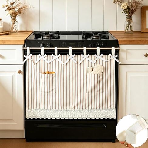fethwoin Oven Curtain Skirt - Hook and Loop Straps Stove Curtain with Pockets Stripe Oven Door Cover with Lace Farmhouse Cottagecore Rustic Kitchen Decor for Oven Dishwasher Cabinet Hidden Curtain in Saudi Arabia