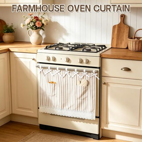 fethwoin Oven Curtain Skirt - Hook and Loop Straps Stove Curtain with Pockets Stripe Oven Door Cover with Lace Farmhouse Cottagecore Rustic Kitchen Decor for Oven Dishwasher Cabinet Hidden Curtain in Saudi Arabia