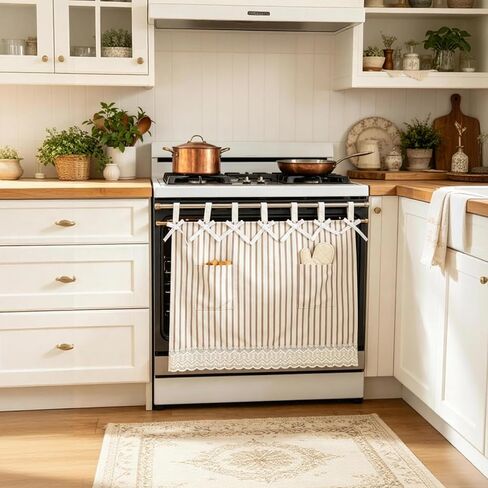 fethwoin Oven Curtain Skirt - Hook and Loop Straps Stove Curtain with Pockets Stripe Oven Door Cover with Lace Farmhouse Cottagecore Rustic Kitchen Decor for Oven Dishwasher Cabinet Hidden Curtain in Saudi Arabia