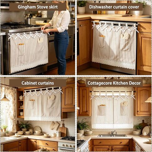 fethwoin Oven Curtain Skirt - Hook and Loop Straps Stove Curtain with Pockets Stripe Oven Door Cover with Lace Farmhouse Cottagecore Rustic Kitchen Decor for Oven Dishwasher Cabinet Hidden Curtain in Saudi Arabia