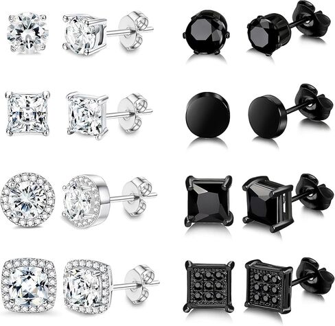 RIOSO 8 Pairs Stainless Steel Stud Earrings for Men Women Silver Black Hypoallergenic Square Ear Studs Inlaid Cubic Zirconia Men’s Earrings Set in Saudi Arabia