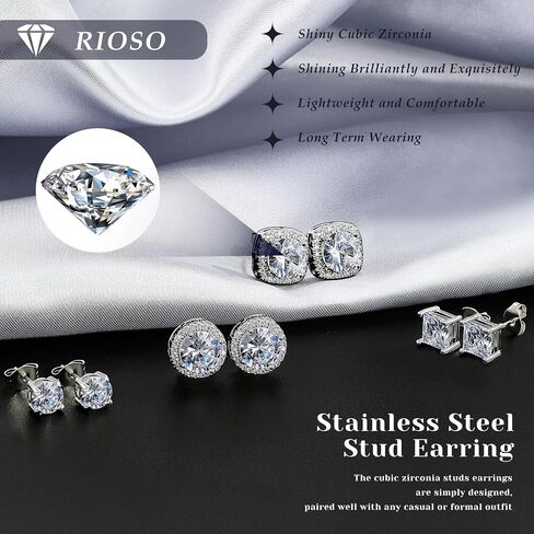 RIOSO 8 Pairs Stainless Steel Stud Earrings for Men Women Silver Black Hypoallergenic Square Ear Studs Inlaid Cubic Zirconia Men’s Earrings Set in Saudi Arabia