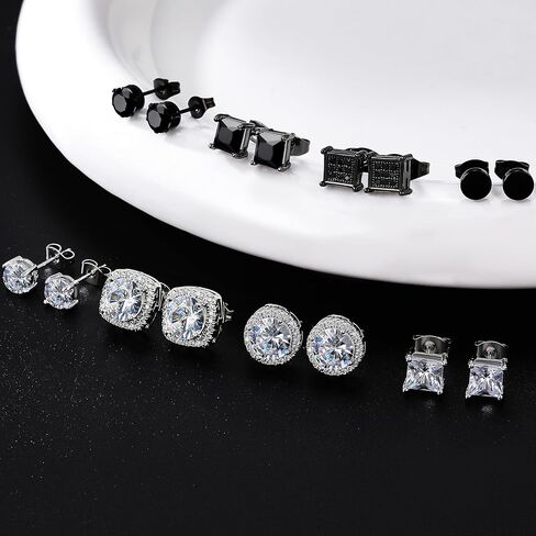 RIOSO 8 Pairs Stainless Steel Stud Earrings for Men Women Silver Black Hypoallergenic Square Ear Studs Inlaid Cubic Zirconia Men’s Earrings Set in Saudi Arabia