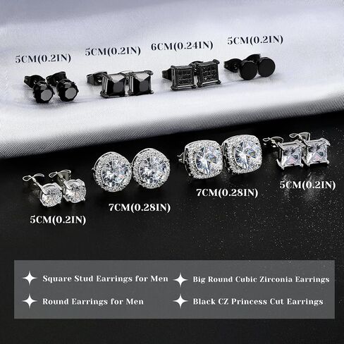RIOSO 8 Pairs Stainless Steel Stud Earrings for Men Women Silver Black Hypoallergenic Square Ear Studs Inlaid Cubic Zirconia Men’s Earrings Set in Saudi Arabia