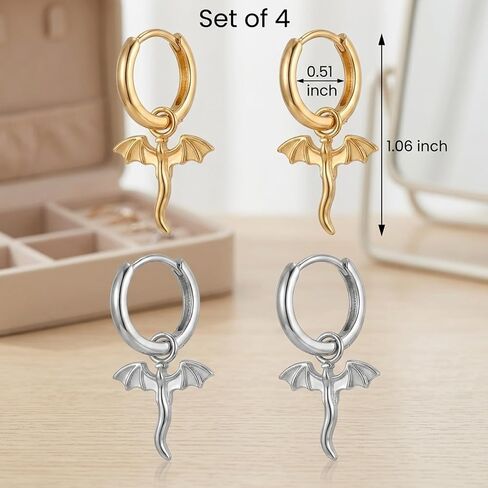 4 PCS Dragon Earrings Set, Flying Dragon Design in Gold and White,Dragon Jewelry for Fantasy Enthusiasts and Everyday Wear in Saudi Arabia