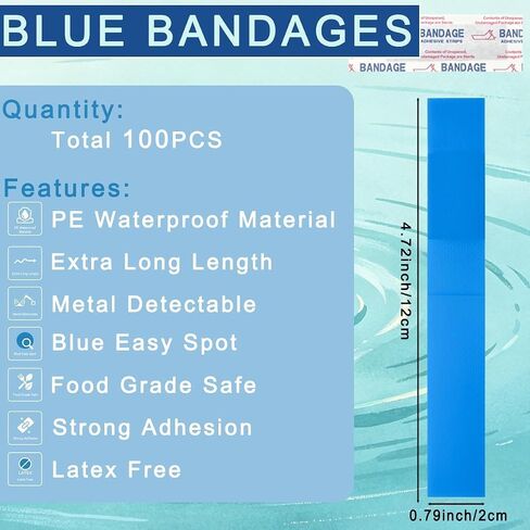 100 Pcs Blue Metal Detectable Bandage Fingertip Waterproof Flexible Bandages Food Service Non-Stick Pad Latex Free for Catering First Aid Kit Wound Care in Saudi Arabia