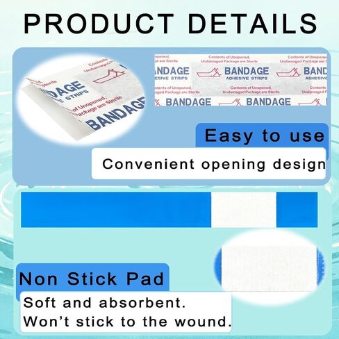 100 Pcs Blue Metal Detectable Bandage Fingertip Waterproof Flexible Bandages Food Service Non-Stick Pad Latex Free for Catering First Aid Kit Wound Care in Saudi Arabia