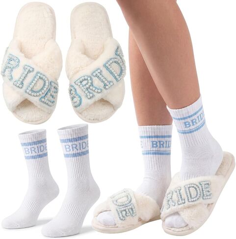 Unittype 2 Pack Bride to Be Gift Pearl Rhinestone Slippers Something Blue Socks for Bachelorette Wedding Bridal Shower Gift in Kuwait
