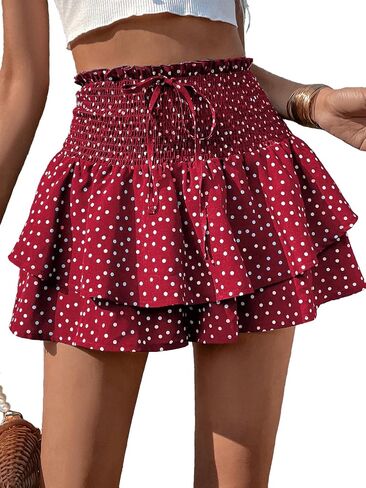 SKAYS Women's High Waist Shorts Polka Dot Ruffle Mini Skirt Flowy Drawstring Tiered Lined Skater Skirt Summer Shorts in Kuwait
