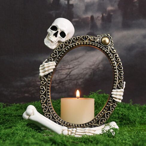 Horror Skull Picture Frame Decor, Gothic Resin Skeleton Ornament for Halloween Party, Mantel Shelf Display for Dark Theme Home Office in Saudi Arabia