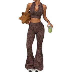 Milumia Women's Cheetah Print Workout Set Half Zip Up Crop Tank Top and Flare Leggings Sets Yoga Gym Outfits in Kuwait