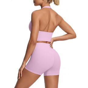 2 Piece Workout Sets for Women Halter Neck Sports Bra High Waisted Biker Shorts Backless No Front Seam Butt Lifting Outfit in Saudi Arabia