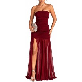 ENOPINK Women's Sexy Strapless Tube Top Dress Ruched High Slit Mesh Bodycon Flowy Maxi Summer Vacation Birthday Dresses in Kuwait