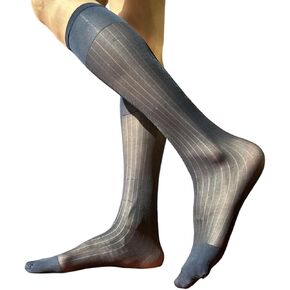 Mens Thin Dress Socks Silk Sheer Formal Business Socks Soft Over the Calf Suit Socks Wide Striped Long Stockings in Saudi Arabia