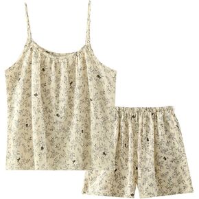 codcm Womens 100% Cotton Gauze Pajama Set Floral Printed Pj Set Spaghetti Strap Cami Top and Shorts Loungewear in Saudi Arabia