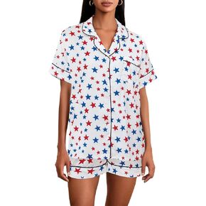 4th of July Outfit Women Satin Pajama Sets Short-Sleeve Button Shirt and Shorts 2 Piece July Forth Clothes Set in Saudi Arabia