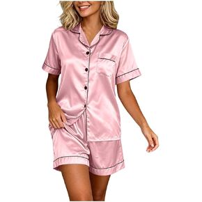 Women's Short Pajama Sets 2 Piece Silk Satin Button Short Sleeve Tops and Shorts Pull On Comfort Homewear Sleepwear in Saudi Arabia