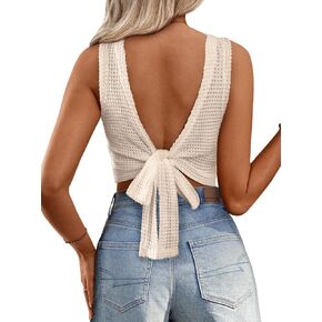 SOFIA'S CHOICE Women Tie Back Crop Tank Top Summer Sleeveless Crochet Tops Hollow Out Knit Backless Shirts in Kuwait