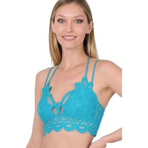 Zenana Sweet Muse Floral Crochet Lace Bralette with Cross Back Adjustable Spaghetti Strap and Removable Pads in Saudi Arabia