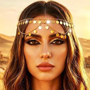 Gold Head Chain for Women Layered Sequins Headpiece Egyptian Headband chain Bohemian Hair Accessories for Festival Prom Wedding Bridal (Gold-3) in Saudi Arabia