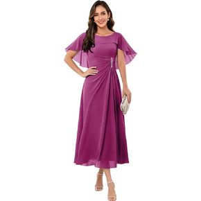 Tea Length Mother of The Bride Dresses for Women Crystal Brooch Chiffon Cloak Formal Evening Dress with Bat Sleeves in Kuwait