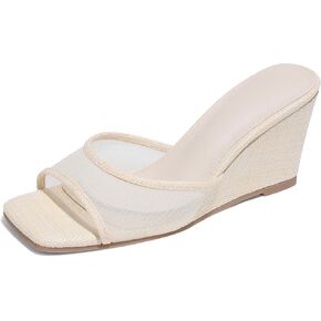 Erocalli Wedge Sandals for Women Square Open Toe Comfortable Raffia Dressy Sandals Mesh Beach Summer Shoes Casual Low Heel Mules in Saudi Arabia