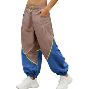 Faleave Women's Baggy Wide Leg Pants Elastic Drawcord Waist Color Block Workout Track Parachute Pants with Pockets in Saudi Arabia
