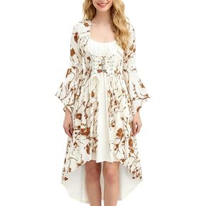 Renaissance Costume Women Bell Sleeve Cold Shoulder Lace up Ruffle Medieval Corset Dress Halloween Costumes in Saudi Arabia