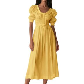 Womens Summer Casual Cotton Puff Half Sleeve Midi Dress Ruffle Smocked Flowy Long Dress for Boho Beach in Saudi Arabia