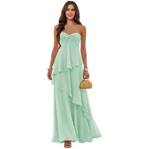 Women’s Strapless Chiffon Bridesmaid Dress 2026 with Tiered Ruffle A-Line Ruched Flowy Maxi Formal Wedding Guest Dress in Saudi Arabia