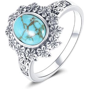 Natural Turquoise Ring for Women 925 Sterling Silver Vintage Flower with Oval Cut Turquoise Ring in Saudi Arabia