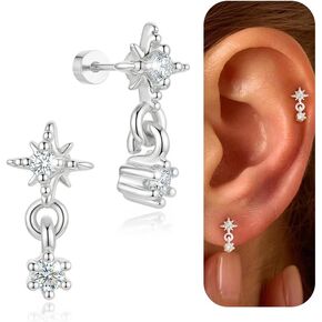 2 Pcs Tiny Flat Back Earrings for Women, 14K Gold/White Gold Plated Dangle Helix Cartilage Earrings Minimalist 20G 6mm Post Hypoallergenic Screwback Jewelry Gift in Saudi Arabia
