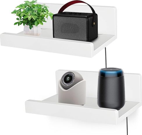 Floating Wall Shelves Set of 2, 12-Inch Solid Wood Shelves with Cable Holes, Small Display Shelf for Router, Webcam, Smart Speaker, Camera – White in Saudi Arabia