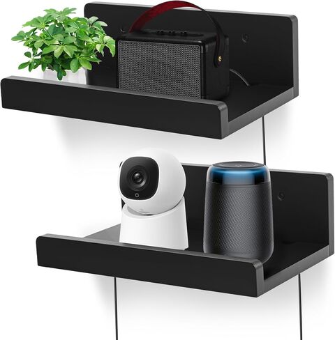 Floating Wall Shelves Set of 2, 12-Inch Solid Wood Shelves with Cable Holes, Small Display Shelf for Router, Webcam, Smart Speaker, Camera – White in Saudi Arabia