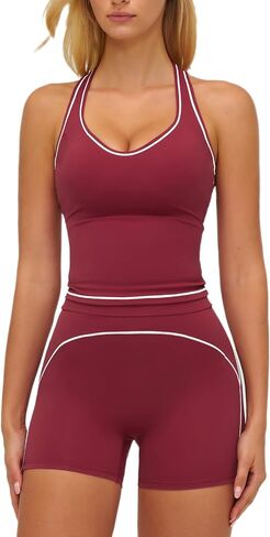 Women's 2 Piece Workout Sets Tank Top High Waist Shorts Gym Yoga Outfits Contrast Piping Activewear in Saudi Arabia