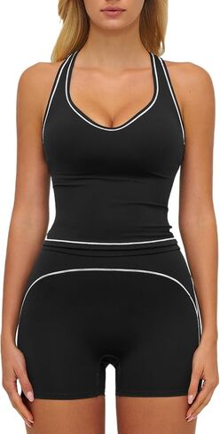 Women's 2 Piece Workout Sets Tank Top High Waist Shorts Gym Yoga Outfits Contrast Piping Activewear in Saudi Arabia