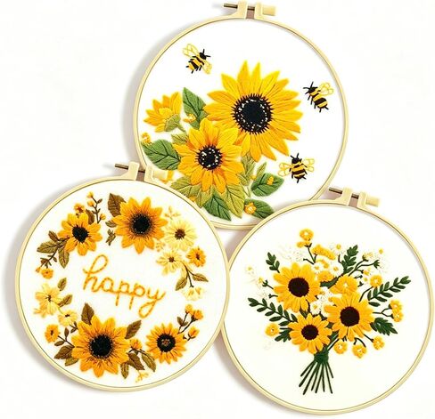 Zhenqing Bees & Flowers Embroidery Kit 11.4x11.4cm - 4-Piece Complete Cross Stitch Set with Pre-Printed Fabric, Threads, Hoop, Needles & Instructions | DIY Craft for Adults, Beginners-Friendly (C0046) in Kuwait