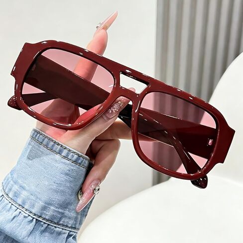 Retro Oversized Aviator Sunglasses for Women Men 70s Chunky Double Bridge Thick Frame Square Trendy Shades﻿ in Kuwait
