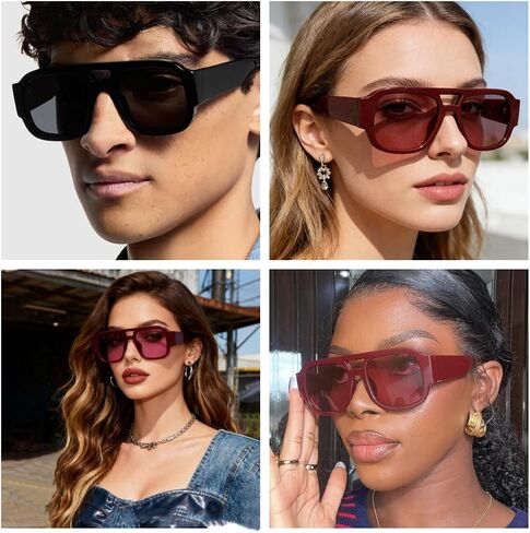 Retro Oversized Aviator Sunglasses for Women Men 70s Chunky Double Bridge Thick Frame Square Trendy Shades﻿ in Kuwait
